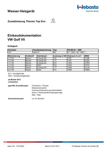 Wasser-Heizgerät Einbaudokumentation VW Golf VII - Ersatzteilbox