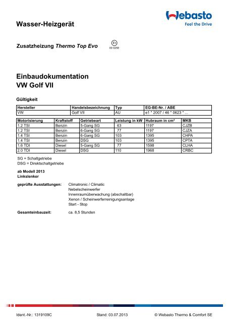 Wasser-Heizgerät Einbaudokumentation VW Golf VII - Ersatzteilbox