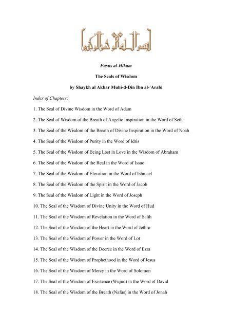 Fusus al-Hikam The Seals of Wisdom by Shaykh al ... - ImagoMundi