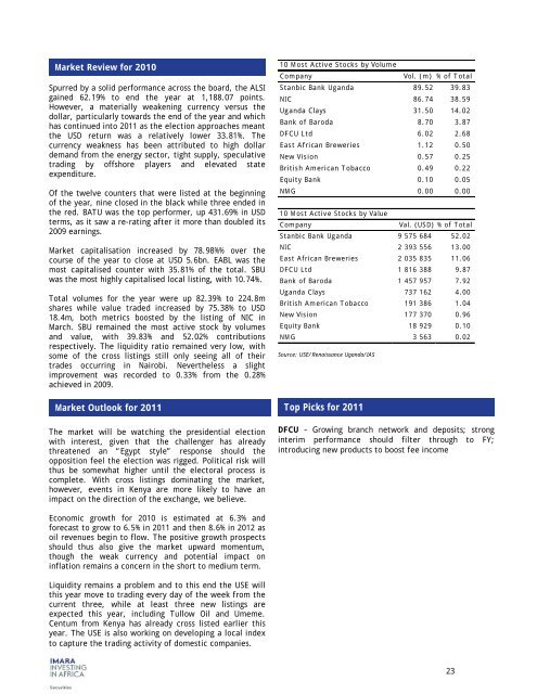 Sub-Saharan Africa Stock Markets 2010 Review & 2011 ... - Imara