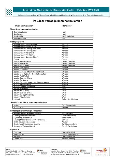 Im Labor vorrÃ¤tige Immunstimulantien - IMD Berlin
