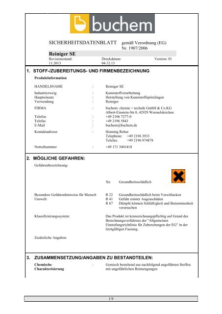 SICHERHEITSDATENBLATT nach EG-Richtlinien 93/112/EWG