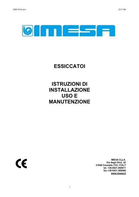 essiccatoi istruzioni di installazione uso e manutenzione - IMESA SpA