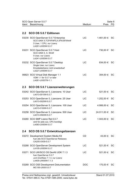 BYTEC Preisliste SCO Stand 01.07.2010