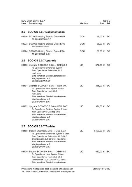 BYTEC Preisliste SCO Stand 01.07.2010