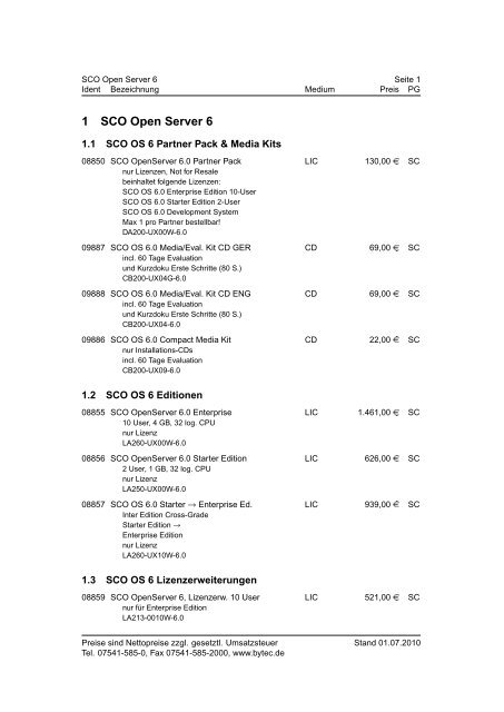 BYTEC Preisliste SCO Stand 01.07.2010