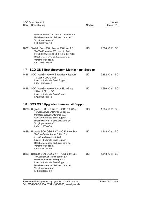 BYTEC Preisliste SCO Stand 01.07.2010