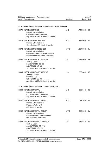 BYTEC Preisliste IBM Software Stand 07.01.2011