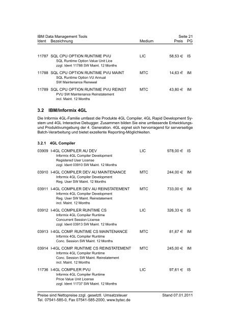 BYTEC Preisliste IBM Software Stand 07.01.2011