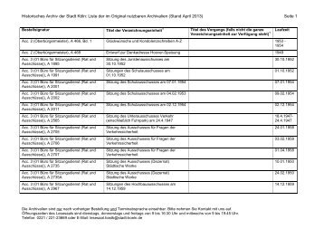 Historisches Archiv der Stadt Köln: Liste der im Original nutzbaren ...