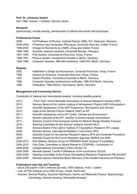 Curriculum Vitae of Prof. Dr. Johannes Orphal, KIT ... - IMK-ASF - KIT