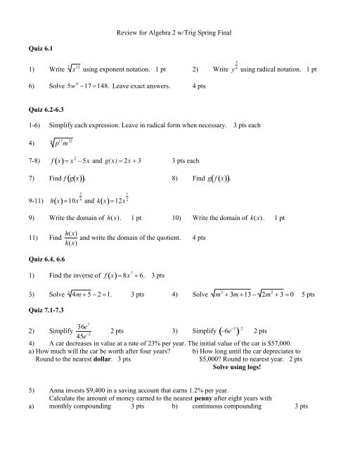 Review For Algebra 2 W Trig Spring Final Quiz 6 1 1 Write X12 Using