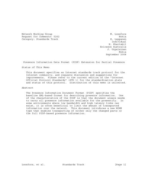 RFC 5262 Presence Information Data Format (PIDF) - instructional ...