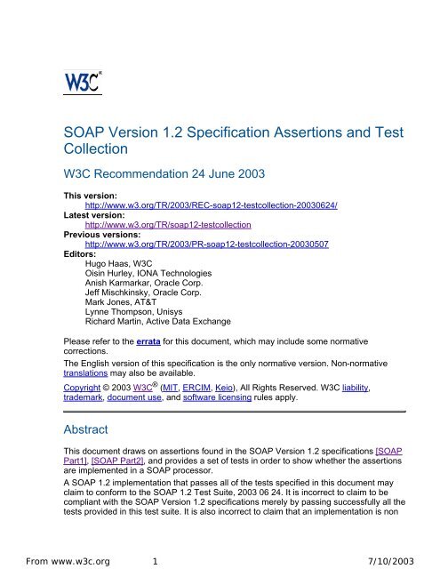 SOAP Version 1.2 Specification Assertions and Test Collection