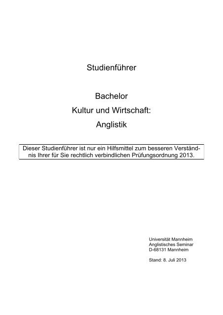 Anglistik - Bachelor Kultur und Wirtschaft - Universität Mannheim