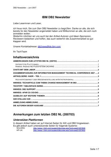 IBM DB2 Newsletter  Inhaltsverzeichnis Anmerkungen zum letzten ...