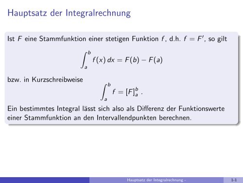 Hauptsatz Der Integral Und Differentialrechnung Hauptsatz der Integralrechnung - imng