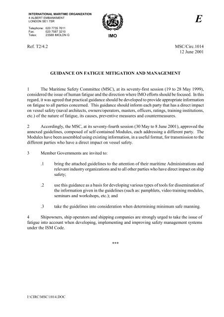 Imo Ref T2 4 2 Msc Circ 1014 12 June 2001 Guidance On