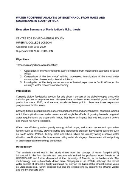 WATER FOOTPRINT ANALYSIS OF BIOETHANOL FROM MAIZE ...