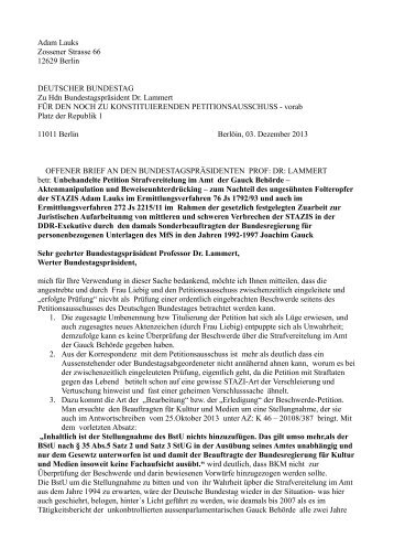 Petition an den Bundestagspräsidenten Norbert Lammert-Wegen Strafvereitelung im Amt der BStU