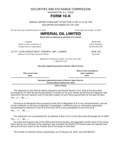 FORM 10-K IMPERIAL OIL LIMITED