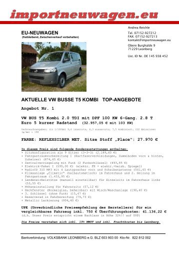 EU-NEUWAGEN AKTUELLE VW BUSSE T5 KOMBI TOP-ANGEBOTE