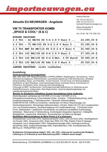 Angebote VW T5 TRANSPORTER KOMBI âSPACE & COOLâ