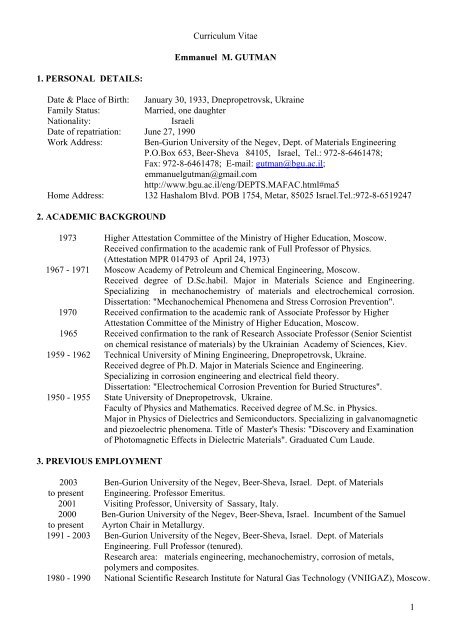 1 Curriculum Vitae Emmanuel M. GUTMAN 1. PERSONAL DETAILS ...