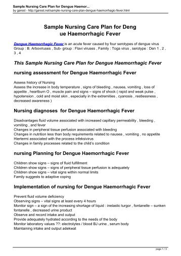 Sample Nursing Care Plan for Deng ue Haemorrhagic Fever