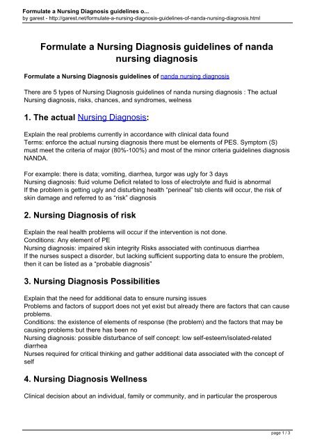 Formulate A Nursing Diagnosis Guidelines Of Nanda Nursing Diagnosis