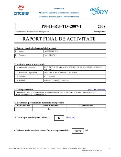 Raport final de autoevaluare - Institutul de Mecanica Solidelor