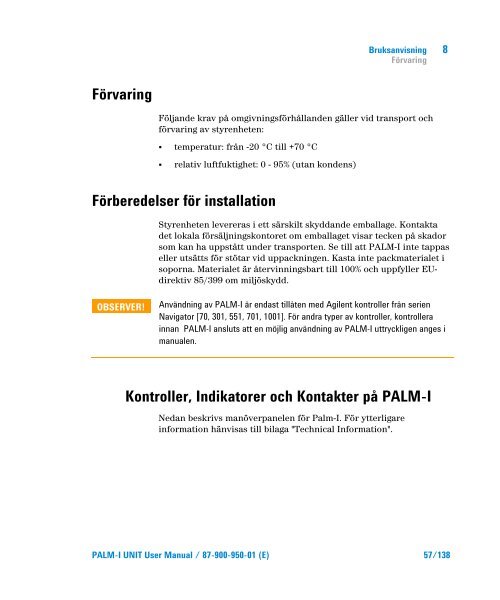 Palm-I Unit Model 969-9892 - Agilent Technologies