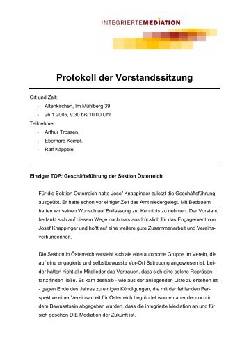 Protokoll der Vorstandssitzung - Integrierte Mediation
