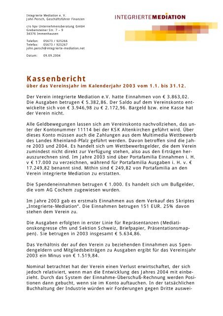 Kassenbericht 2003 - Integrierte Mediation
