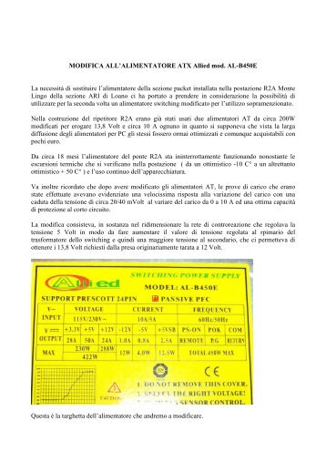 MODIFICA ALL'ALIMENTATORE ATX Allied mod. AL-B450E La ...