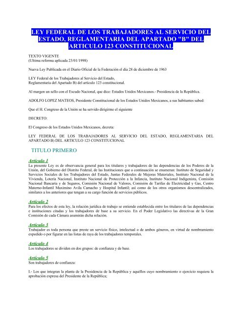 LEY Federal de los Trabajadores al Servicio del Estado - Normateca