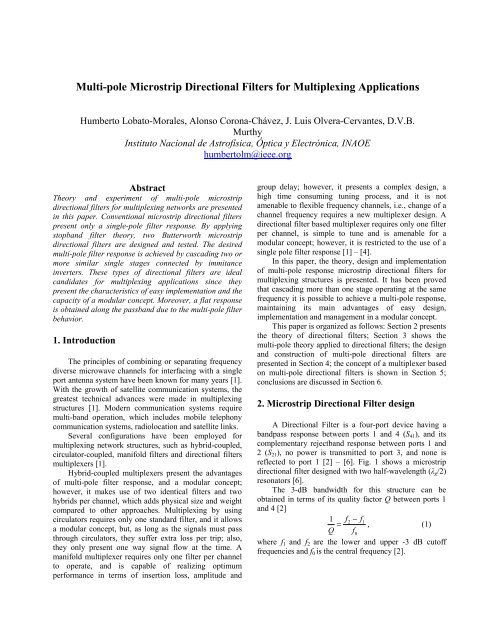 Multi-pole Microstrip Directional Filters for Multiplexing ... - inaoe