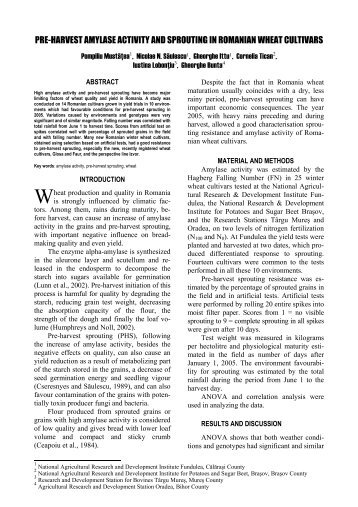 pre-harvest amylase activity and sprouting in romanian wheat cultivars