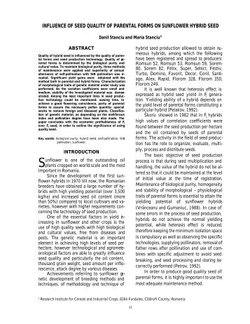 influence of seed quality of parental forms on sunflower hybrid seed