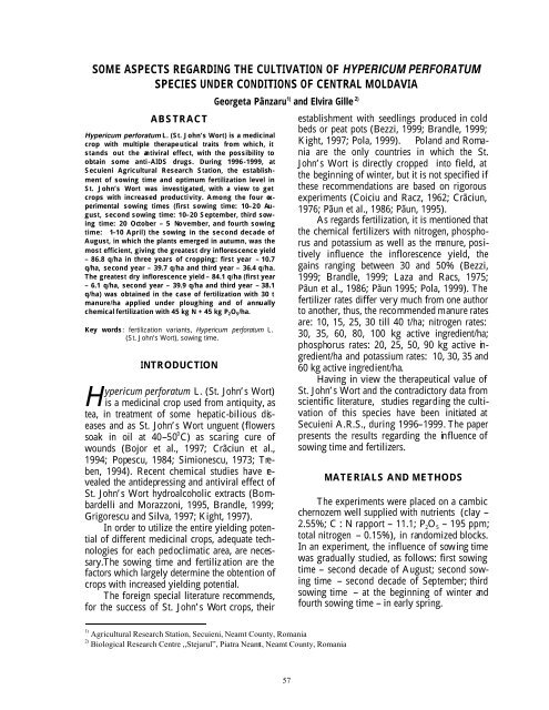 some aspects regarding the cultivation of hypericum perforatum ...