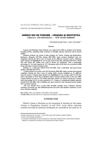 criÅana Åi mostiÅtea - Institutul National de Cercetare - Dezvoltare ...