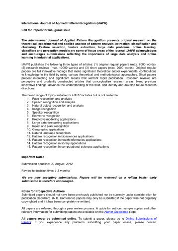 International Journal of Applied Pattern Recognition (IJAPR) Call for ...