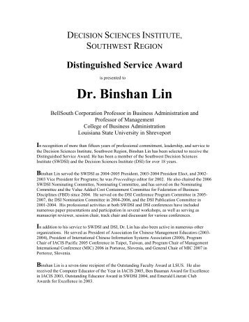 Dr. Binshan Lin - Inderscience Publishers