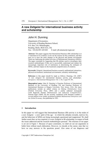 A new Zeitgeist for international business activity and ... - InderScience