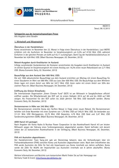 Wirtschaftsrundbrief Korea 48/2013 Seoul, 06.12.2013 ... - AHK Korea