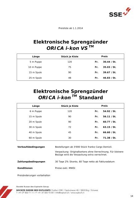 Preisliste gültig ab 01.01.2014