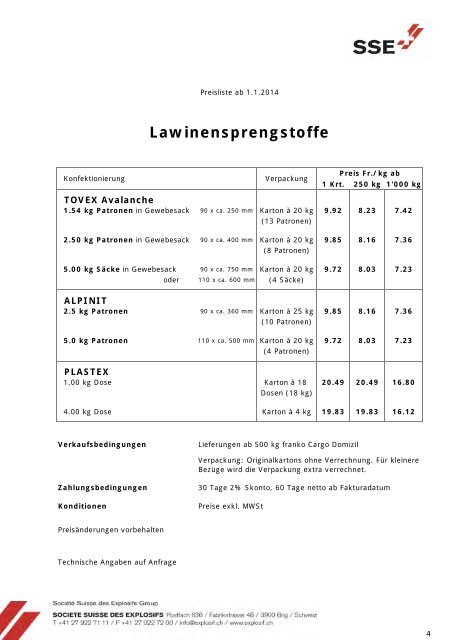 Preisliste gültig ab 01.01.2014