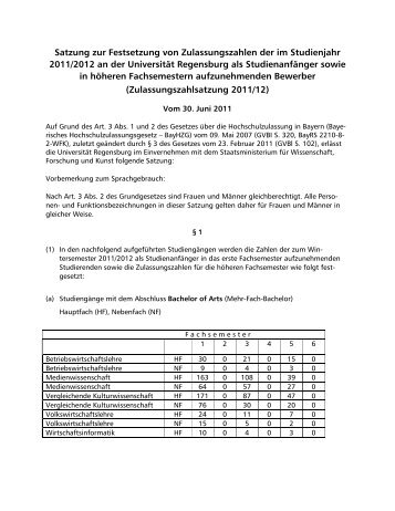 Satzung zur Festsetzung von Zulassungszahlen der im Studienjahr ...