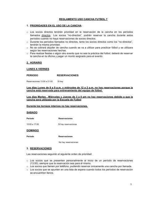 Reglamento uso de cancha de futbol 7 - San JosÃ© Indoor Club