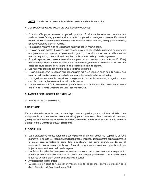 Reglamento uso de cancha de futbol 7 - San JosÃ© Indoor Club